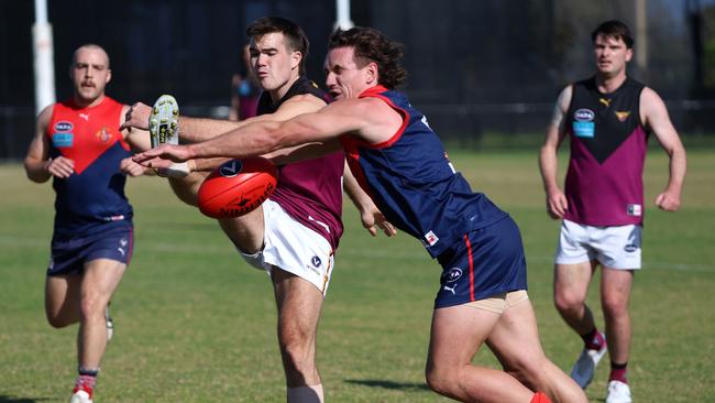 Old Brighton skipper Harry Hill pulls off a smother against Old Haileybury at Brighton Beach Oval. Picture: Hamish Blair