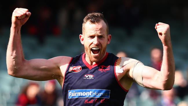 SANFL - Elimination Final - Norwood v Central Districts at Adelaide Oval.  Michael Newton celebrates a goal in the 3rd quarter. Photo Sarah Reed.