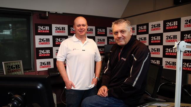 Radio heavyweight Ray Hadley, right, and then producer Chris Bowen pictured at the Sydney 2GB studios in 2014 today.