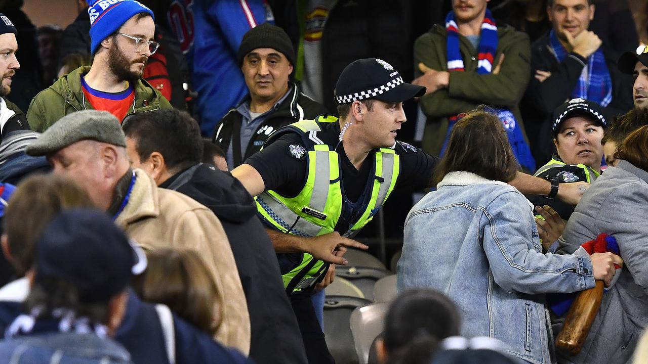 Police try to separate a fight in the crowd during the round 13 AFL match between the Carlton Blues and the Western Bulldogs.