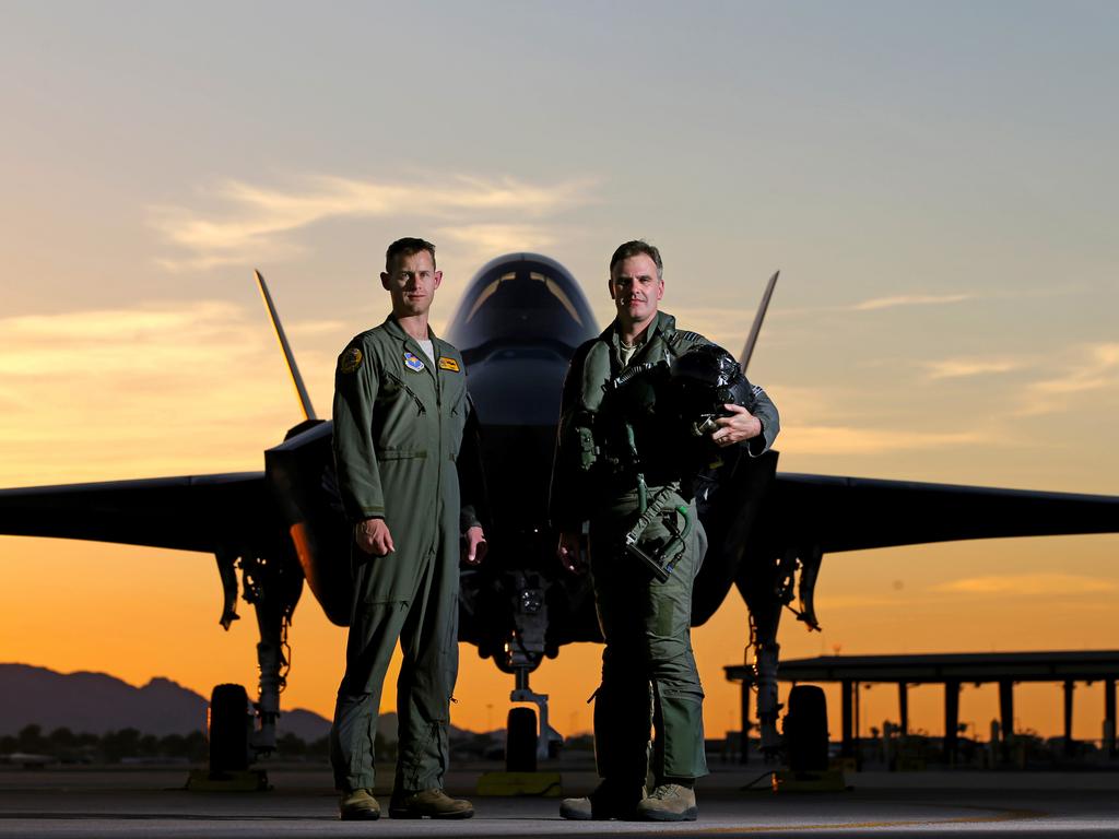 Australian Pilots training in the F35 fighter Jets Luke Airforce Base in Phoenix Arizona. Squadron leader Wing Commander Darren Clare (R) and Flight Lieutenant “Damo” (real names not used for security reasons). Picture: Nathan Edwards