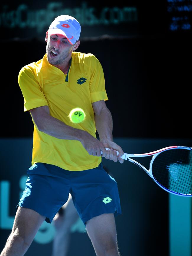 John Millman on his way to his first Davis Cup win. Picture: AAP Image/David Mariuz