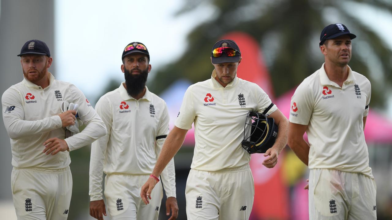 ST JOHN'S, ANTIGUA AND BARBUDA - FEBRUARY 02: England captain Joe Root, Jonny Bairstow, Moeen Ali and James Anderson look dejected after losing the match on Day Three of the 2nd Test match between West Indies and England at Sir Vivian Richards Stadium on February 02, 2019 in St John's, Antigua and Barbuda. (Photo by Shaun Botterill/Getty Images,)