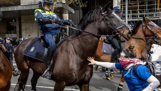 Mounted police clash with activists at the Land Forces expo protests. Picture: Jake Nowakowski. Picture: Jake Nowakowski