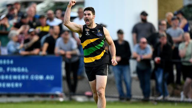 Taylor Davidson celebrates kicking a goal during the 2023 MPFNL Division One Seniors Grand Final. (Photo by Josh Chadwick)