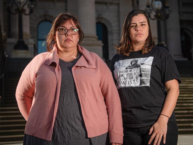 Organisers Crystal McKinnon and Meriki Onus at Parliament House, Melbourne. Picture: Jason Edwards