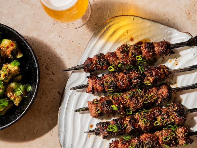 EMBARGO FOR TWAM, 15 MARCH 2025. FEE MAY APPLY. TWAM Food. Cucumber, Lamb Cumin Skewers, Cucumber Salad recipe by Lennox Hastie. Photo: Nikki To / TWAM