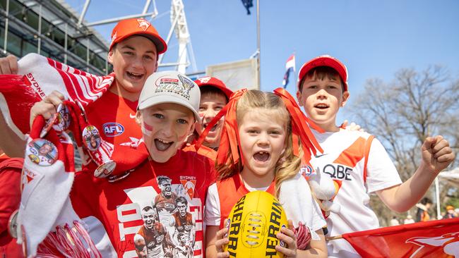 Sydney fans Mitchell, 14, Xavier, 10, Ryan, 11, Alex, 10, Elyse , 6. Picture: Jason Edwards