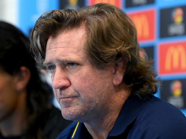 GOLD COAST, AUSTRALIA - MARCH 09: Coach Des Hasler of the Titans speaks after the round one NRL match between the Gold Coast Titans and St George Illawarra Dragons at Cbus Super Stadium, on March 09, 2024, in Gold Coast, Australia. (Photo by Bradley Kanaris/Getty Images)