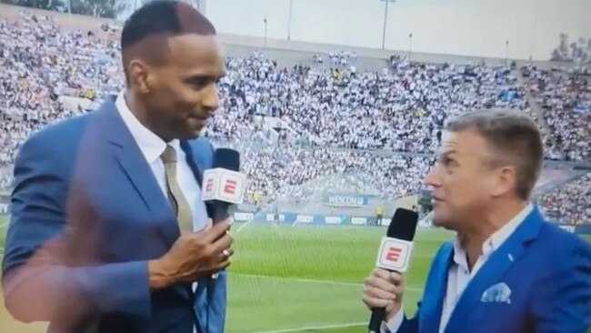 The moment Shaka Hislop (left) collapses live on air. Photo: Twitter