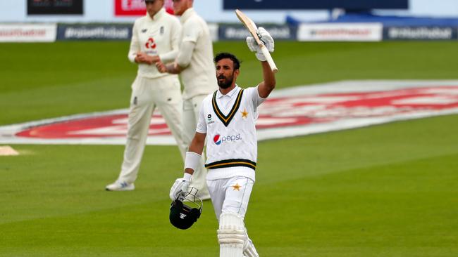 Pakistan batsman Shan Masood celebrates his third consecutive Test hundred. Picture: AFP