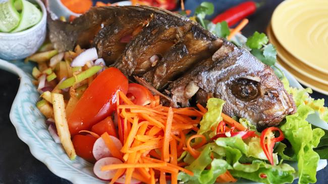 Deep fried whole fish at Nok Nok Thai. Picture: Jenifer Jagielski