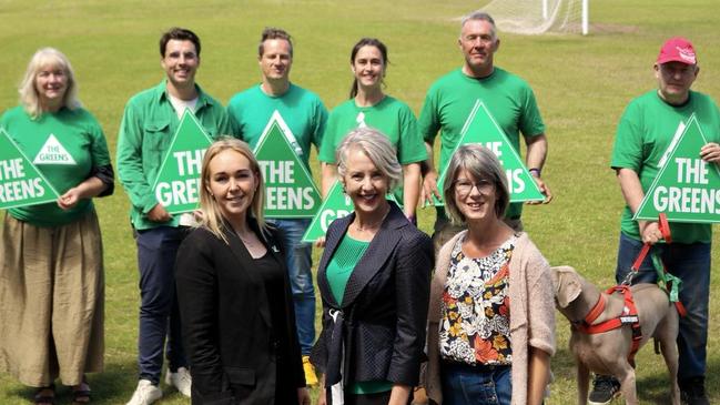 Greens leader Rosalie Woodruff with candidates for the next Tasmanian election Cecily Rosol and Tabatha Badger. Picture: Stephanie Dalton