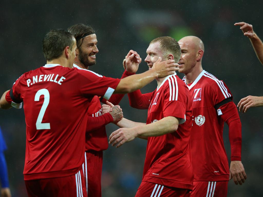 Paul Scholes of Great Britain and Ireland is congratulated by teammates after scoring the opening goal during the David Beckham Match for Children in aid of UNICEF between Great Britain and Ireland and Rest of the World at Old Trafford on November 14, 2015 in Manchester, England. Picture: Getty