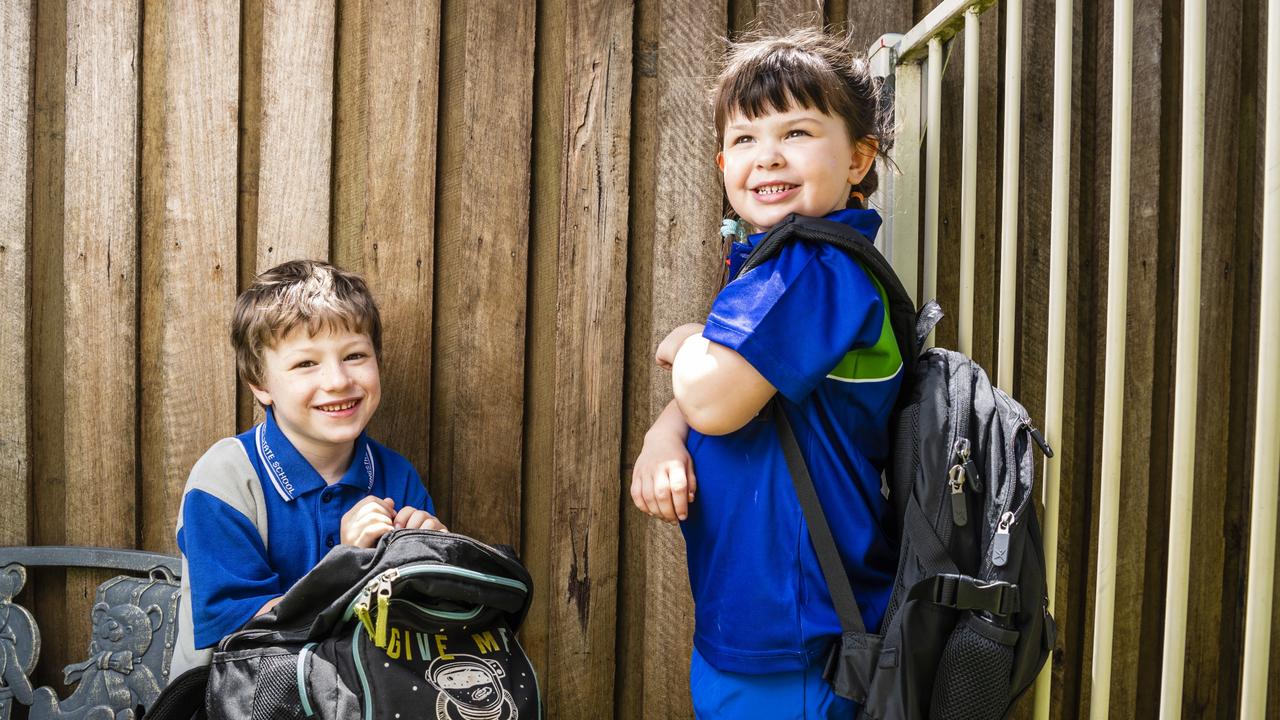 Ezekiel Heslop and Vera Masters are ready to start school as new Prep students. Vera will attend Downlands College and Ezekiel will start at Kingsthorpe State School, Thursday, January 19, 2023. Picture: Kevin Farmer