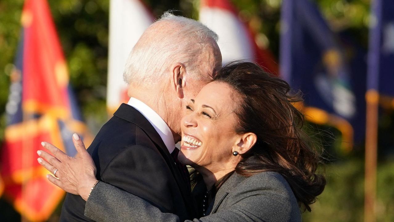 Kamala Harris hugs Joe Biden during a signing ceremony for the $1.2 trillion bipartisan infrastructure bill. Picture: Mandel Ngan / AFP