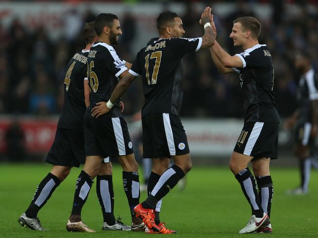 Leicester City's Riyad Mahrez celebrates one of his three goals in last week’s win over Swansea.