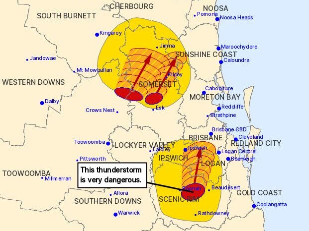 Severe thunderstorm warnings have been issued for multiple areas, including Ipswich, Logan, Somerset, Scenic Rim, Toowoomba, Sunshine Coast, Brisbane City, Moreton Bay and South Burnett Council Areas.