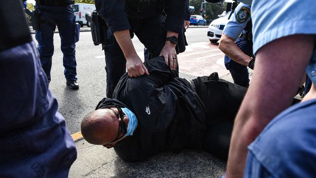 Police clash with protesters near Victoria Park. Picture: NCA NewsWire / Flavio Brancaleone