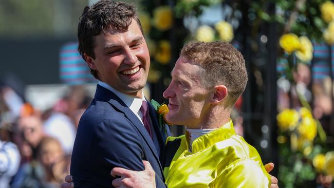 Trainer Sam Freedman and jockey Mark Zahra celebrate Without A Fight’s Melbourne Cup win. Picture: Asanka Ratnayake / Getty Images