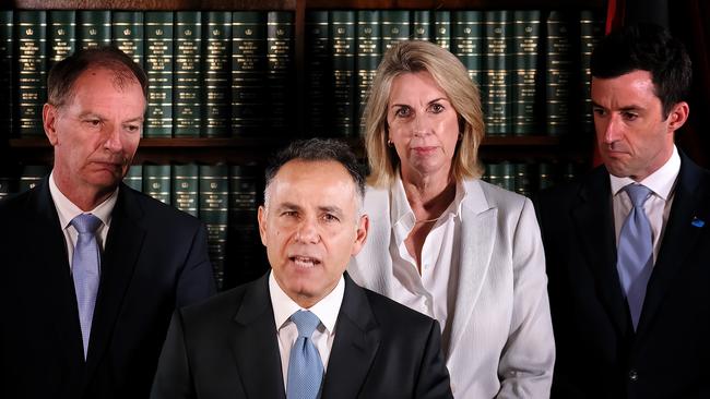 Victorian Liberal leader John Pesutto and frontbench colleagues after the Moira Deeming Liberal meeting suspension decision. Picture: NCA NewsWire / Luis Ascui