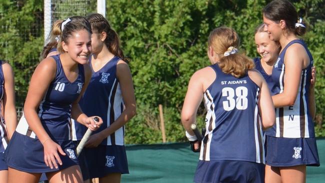 Stella Harris celebrates her second goal for the day for St Aidan's Anglican Girls' School against Brisbane State High School. Picture: St Aidan's AGS.