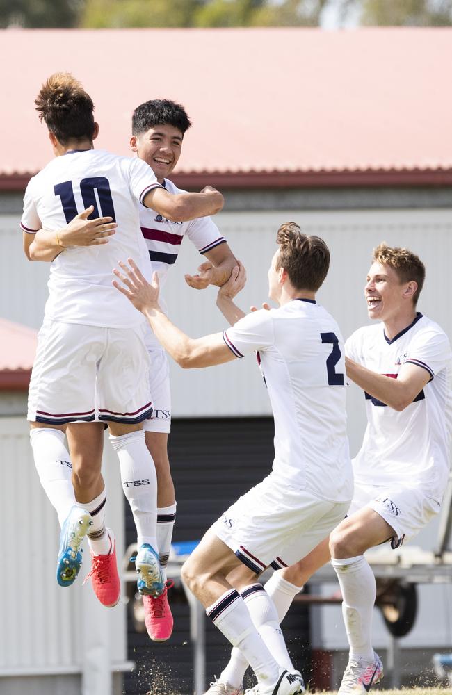 GPS First XI Football. St Joseph's Gregory Terrace vs The Southport School. TSS celebrate a goal. 5 September, 2020. Picture: Renae Droop