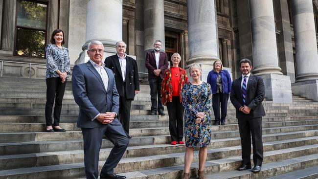 Eight of the state’s nine MPs who have introduced 17 pieces of legislation since 1990s gather on the steps of Parliament House. (Front L-R) Duncan McFetridge, Lyn Such (widow of Bob Such); (Back L-R) Susan Close, John Quirke, Mark Parnell, Sandra Kanck, Steph Key, Kyam Maher. Picture: Sarah Reed