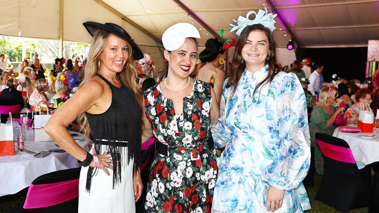 Louise Morgan, Tara Beal and Mia Foley at the Cairns Amateurs High Tea, held under the waterfront marque on the Cairns Esplanade Eastern Events lawn. Picture: Brendan Radke