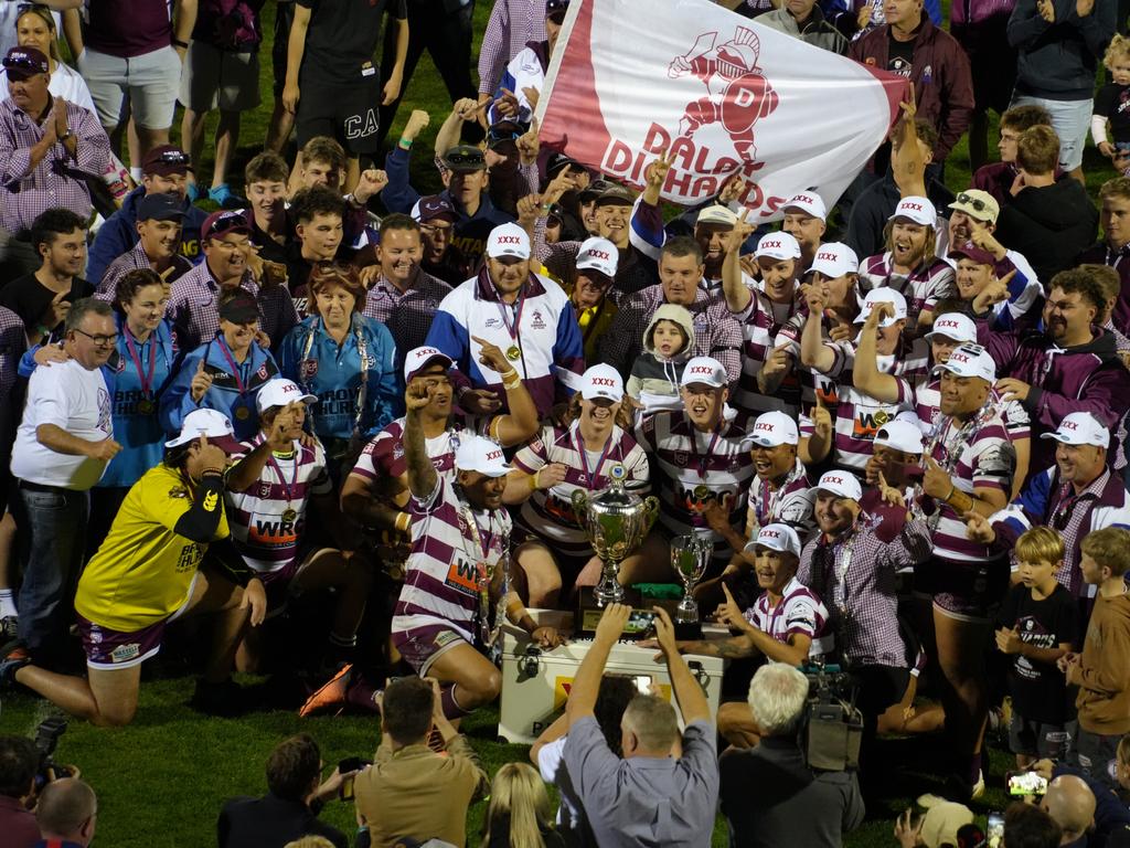 The Dalby Diehards celebrate their victory over Valleys in the TRL 2023 grand final.