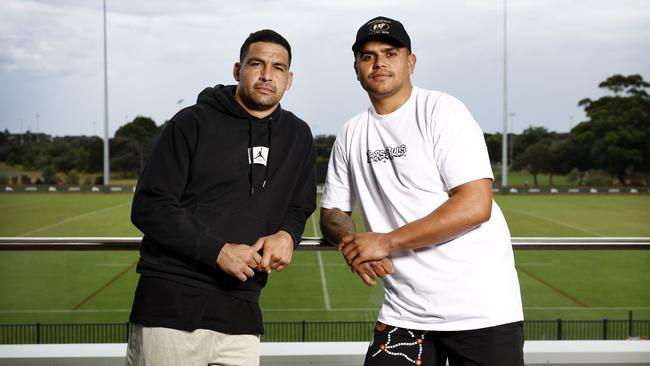 Souths’ stars Cody Walker and Latrell Mitchell went to Moree in a bid to tackle the youth crime crisis. Picture: Richard Dobson