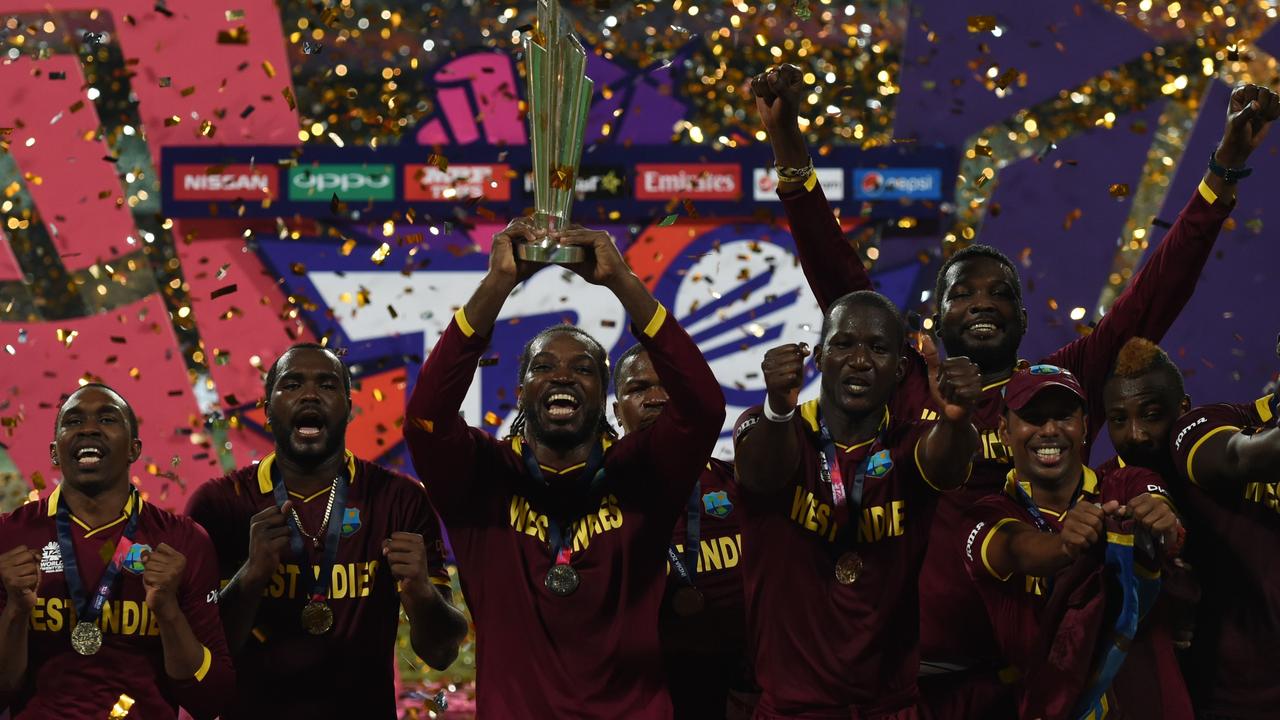 West Indies's players celebrate with the trophy after victory in the T20 World Cup. Picture: Indranil Mukherjee / AFP