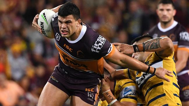 David Fifita of the Broncos during the Round 24 NRL match between the Brisbane Broncos and the Parramatta Eels at Suncorp Stadium in Brisbane, Friday, August 30, 2019. (AAP Image/Dave Hunt) NO ARCHIVING, EDITORIAL USE ONLY