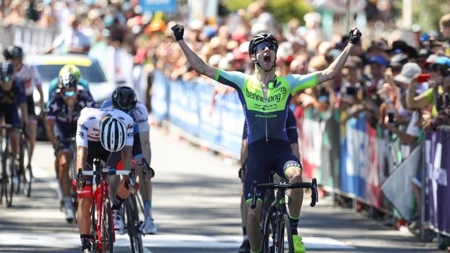 That feeling when you get to Kinglake. Sam Crome wins the Jayco Herald Sun Tour, stage 4, after five laps around Kinglake. Picture: Getty