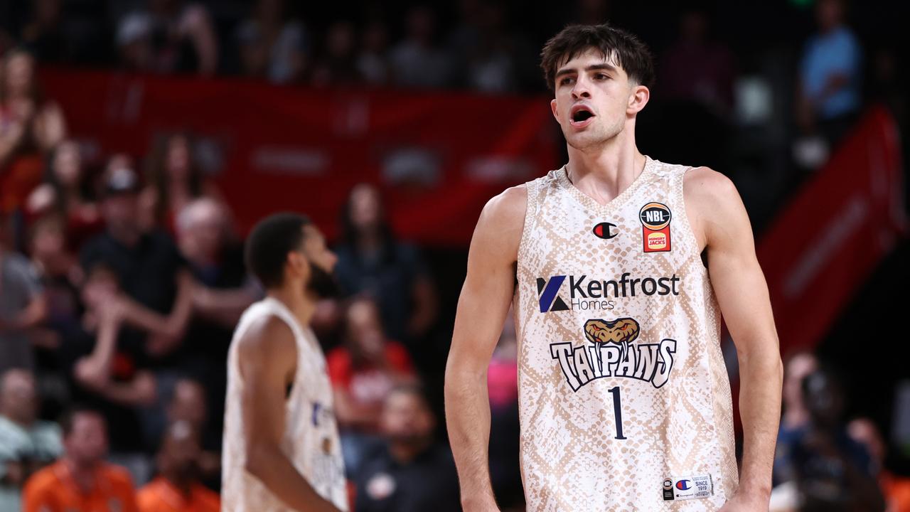 WOLLONGONG, AUSTRALIA - JANUARY 03: Taran Armstrong of the Taipans celebrates after scoring the winning free-throws during the round 15 NBL match between Illawarra Hawks and Cairns Taipans at WIN Entertainment Centre, on January 03, 2025, in Wollongong, Australia. (Photo by Jeremy Ng/Getty Images)