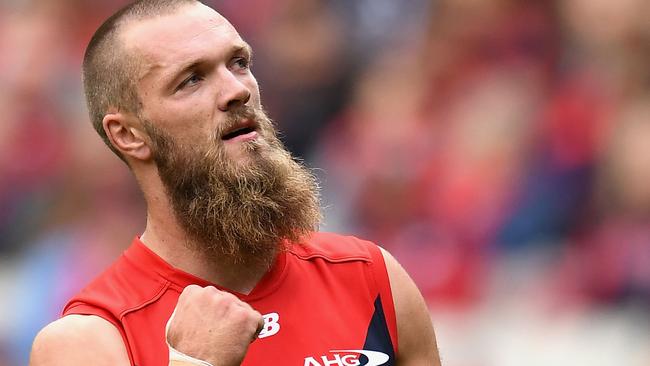 Max Gawn of the Demons celebrates kicking a goal.