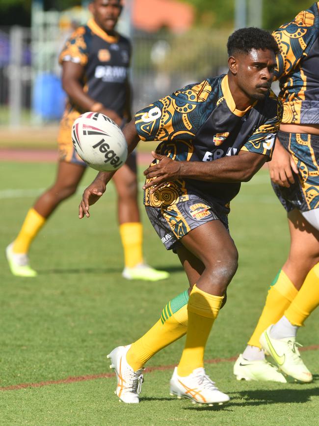 Bindal Sharks All Blacks Rugby League Carnival 2023. Palm Island Barracudas Green against Walkabouts. Barracudas Quintel Wailu. Picture: Evan Morgan