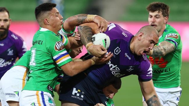 Storm prop Nelson Asofa-Solomona will be a key player in breaking down the Raiders. Picture: Michael Klein