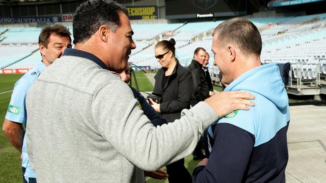 Paul Gallen found it “weird” seeing former Queensland coach Mal Meninga at Blues training before Game One on Wednesday. Pic: Gregg Porteous