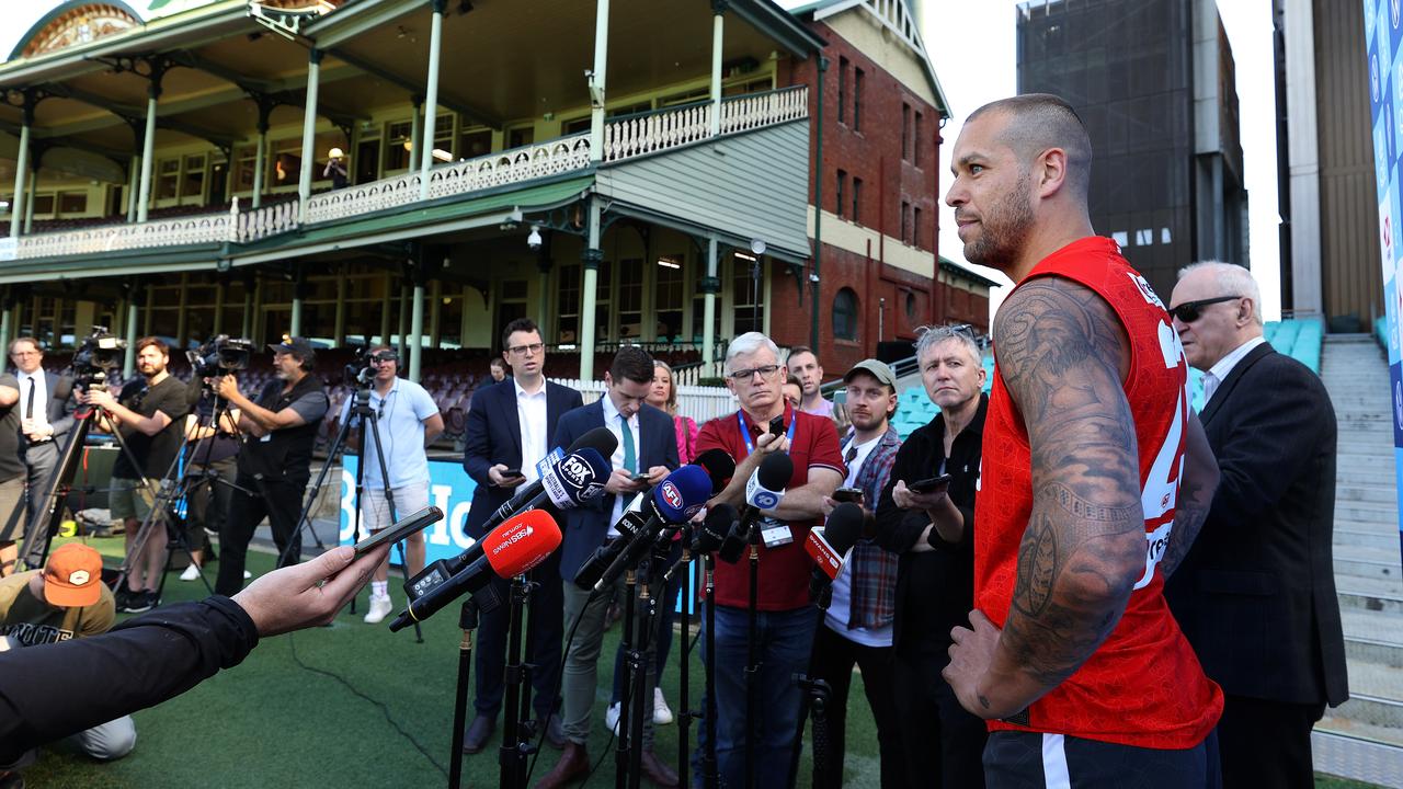 Lance Franklin speaking at his press conference. Photo by Phil Hillyard