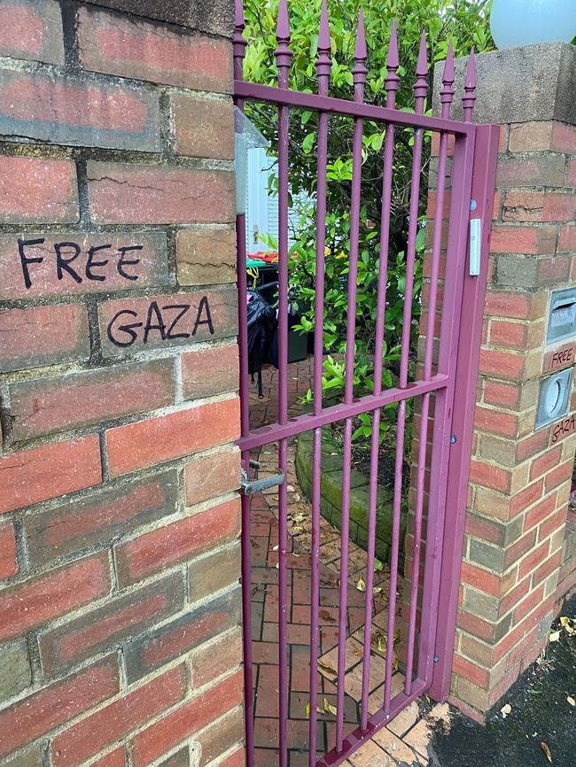 Vandals wrote ‘Free Gaza’ on the front fence. Picture: Supplied