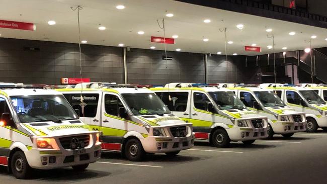 Ambulances lined up at the Gold Coast University Hospital. Ramping has long been an issue on the Gold Coast.