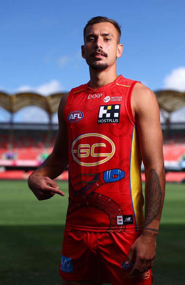 Joel Jeffrey in the Gold Coast Suns' Darwin specific jersey for their 2024 games in the Top End. Picture: Chris Hyde/Getty Images