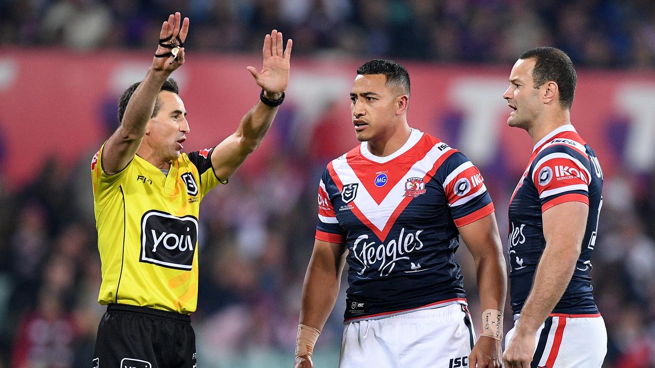 Sio Siua Taukeiaho of the Roosters (centre) is sent to the sin bin by referee Gerard Sutton during the NRL Preliminary Final match between the Sydney Roosters and Melbourne Storm at the SCG in Sydney, Saturday, September 28, 2019. (AAP Image/Dan Himbrechts) NO ARCHIVING, EDITORIAL USE ONLY