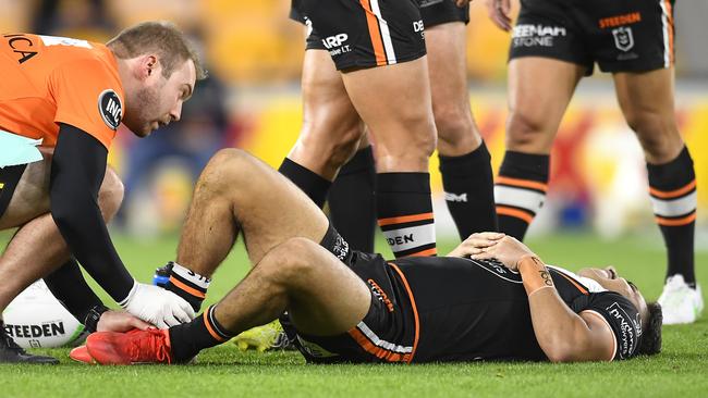 Daine Laurie down with a broken leg. (Photo by Albert Perez/Getty Images)