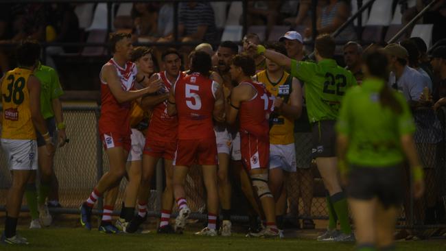 Saints and Waratah get into an biff over a decision in the opening game of the 2022-23 NTFL season. Picture: (A)manda Parkinson