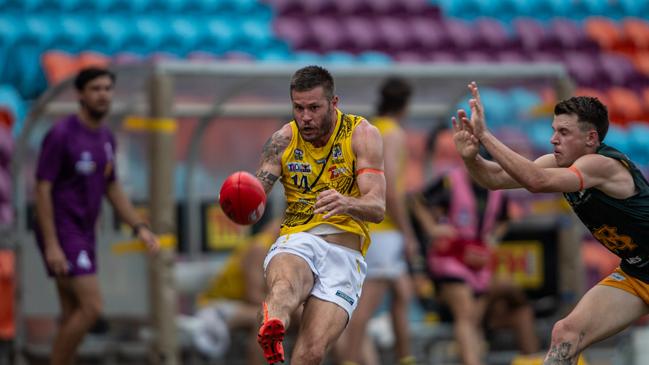 Nightcliff's Nathan Brown kicks the ball forward against St Mary's in Round 10 of the 2023-24 NTFL season. Picture: Pema Tamang Pakhrin