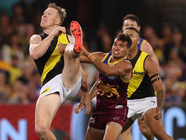 Jack Riewoldt kicked two goals but struggled in the air against Brisbane’s defence. Picture: Michael Klein