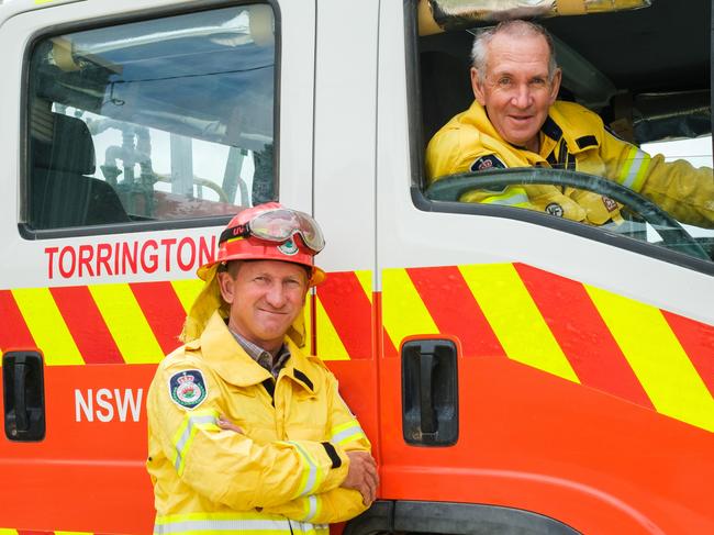 (L-R) Son and father NSW Rural Fire Service volunteers Greg and Bob Kneipp who defended the small town of Torrington NSW for about 8 days straight from 10 November 2019. Pictured at Torrington RFS station on Friday, October 1, 2021. Picture: Simon Scott / The Australian