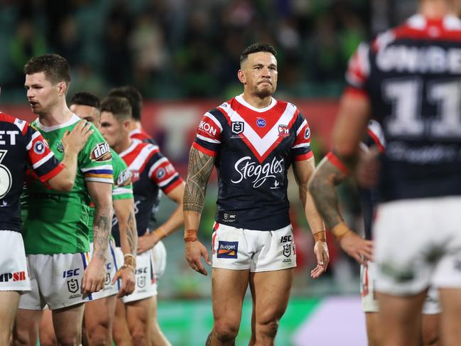 A dejected Roosters Sonny Bill Williams at full time. Picture: Brett Costello